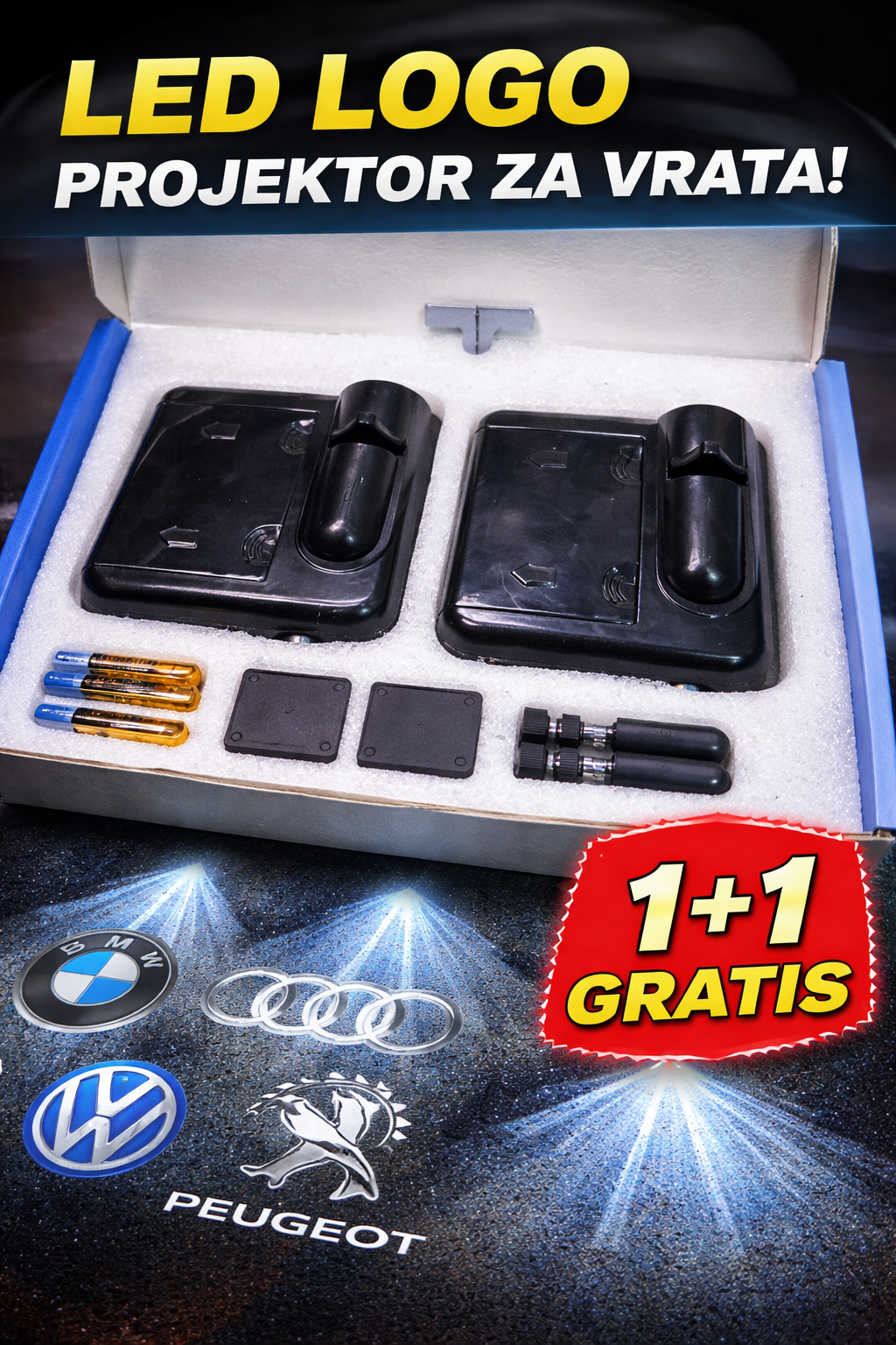LED LOGO PROJEKTOR ZA VRATA AUTOMOBILA – 1+1 GRATIS