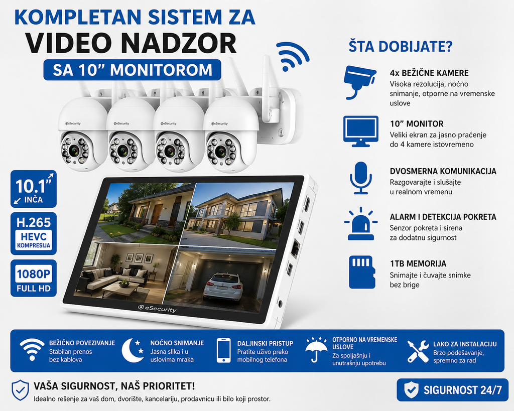 Video nadzor sa 4 PTZ kamere i monitorom 10,1 inca