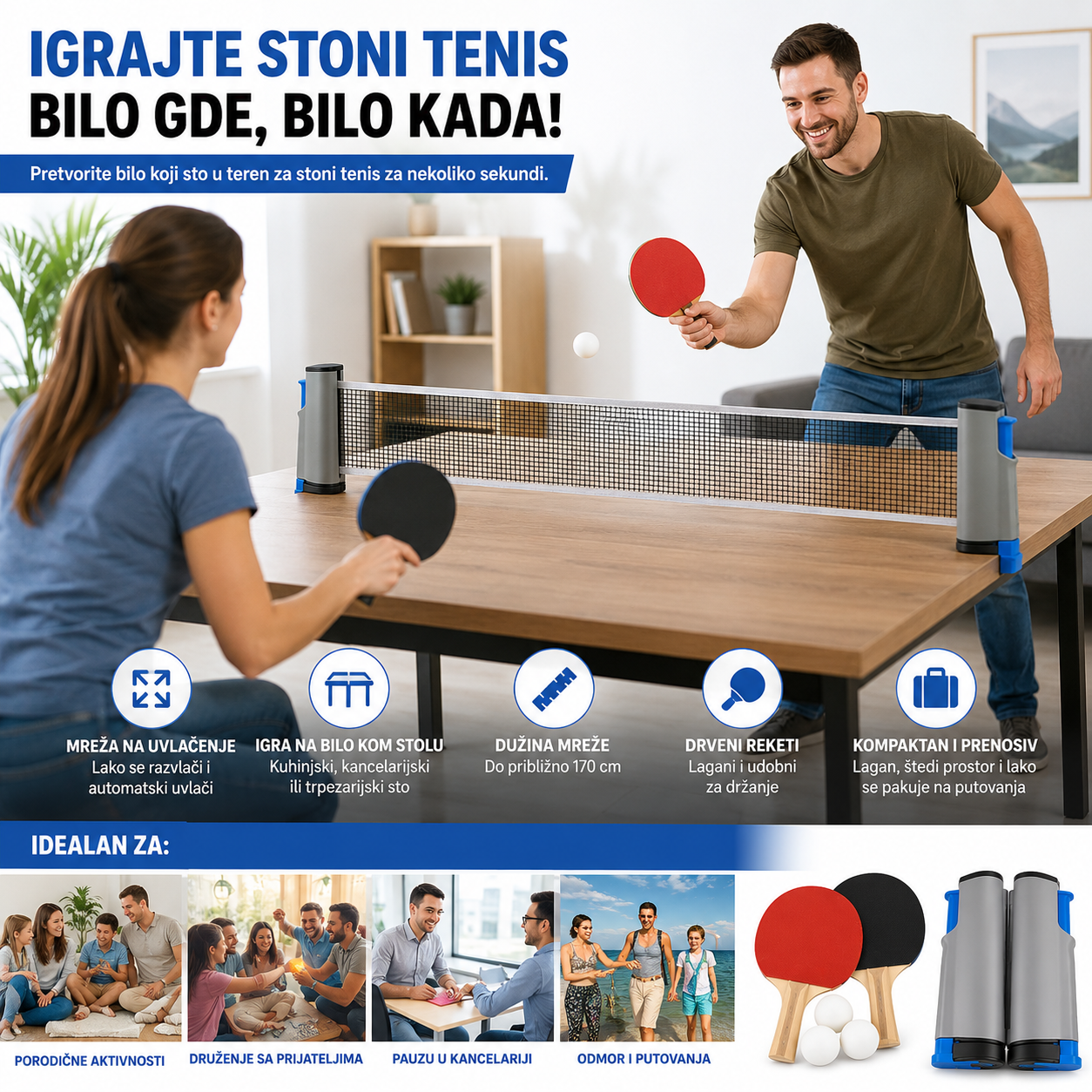 Mreža za stoni tenis + 2 Reketa i loptice